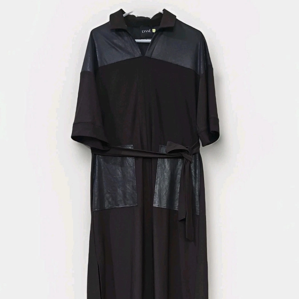 Lysse Brown Long Sleeve Dress with Faux Leather Details
